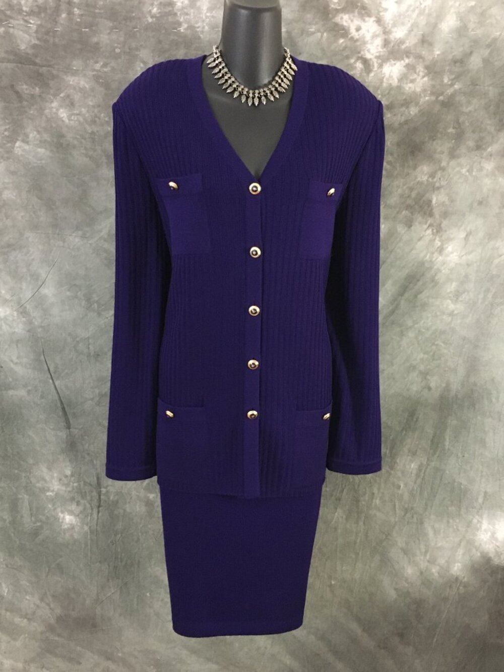 NWT NEW St John collection knit velvet purple jacket skirt suit size 14 - Picture 3 of 10